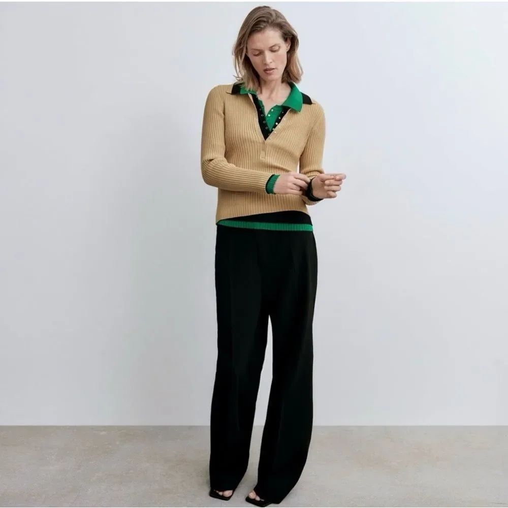 ZARA Ribbed Knit Polo Camel Size Small - Picture 5 of 12
